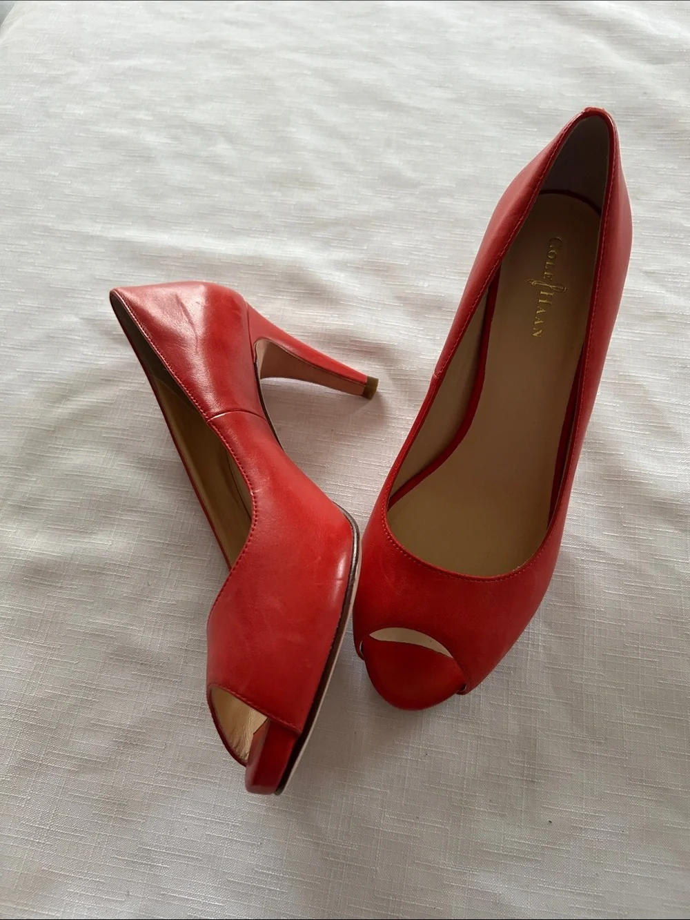 Cole Haan Red Peep-Toe Leather Pumps